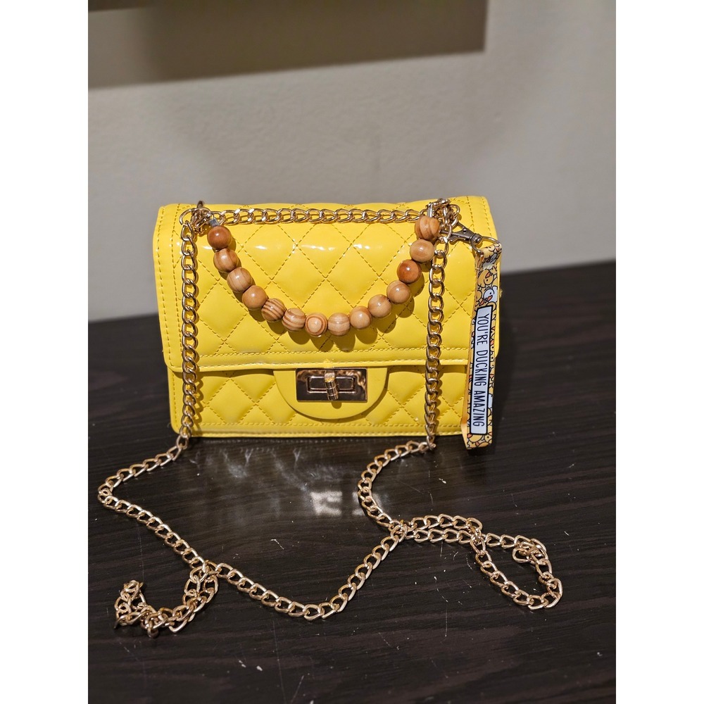 Yellow Quilted Patent Crossbody Bag Gold Chain Wooden Bead Handle Small Flap Bag